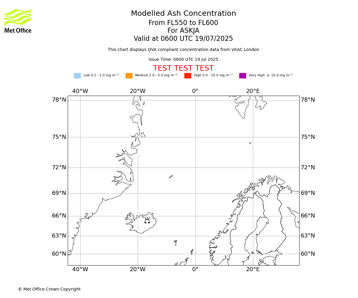 Modelled ash concentration from 550 to 600 for ASKJA. Valid at 0600 UTC 19/07/2025