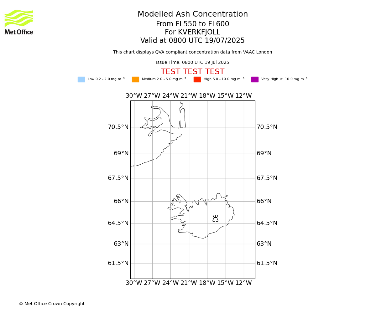 Modelled ash concentration from 550 to 600 for KVERKFJOLL. Valid at 0800 UTC 19/07/2025