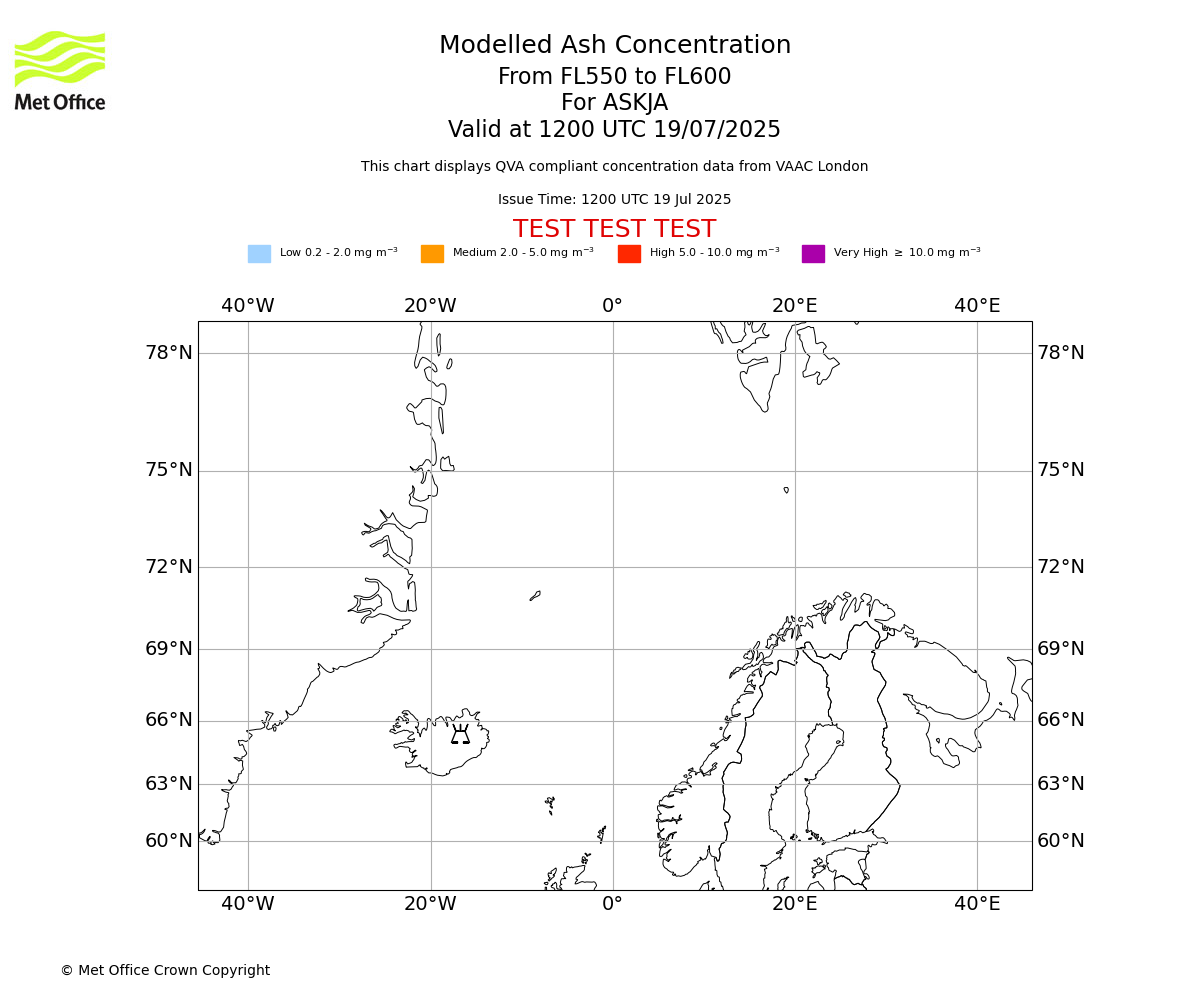 Modelled ash concentration from 550 to 600 for ASKJA. Valid at 1200 UTC 19/07/2025