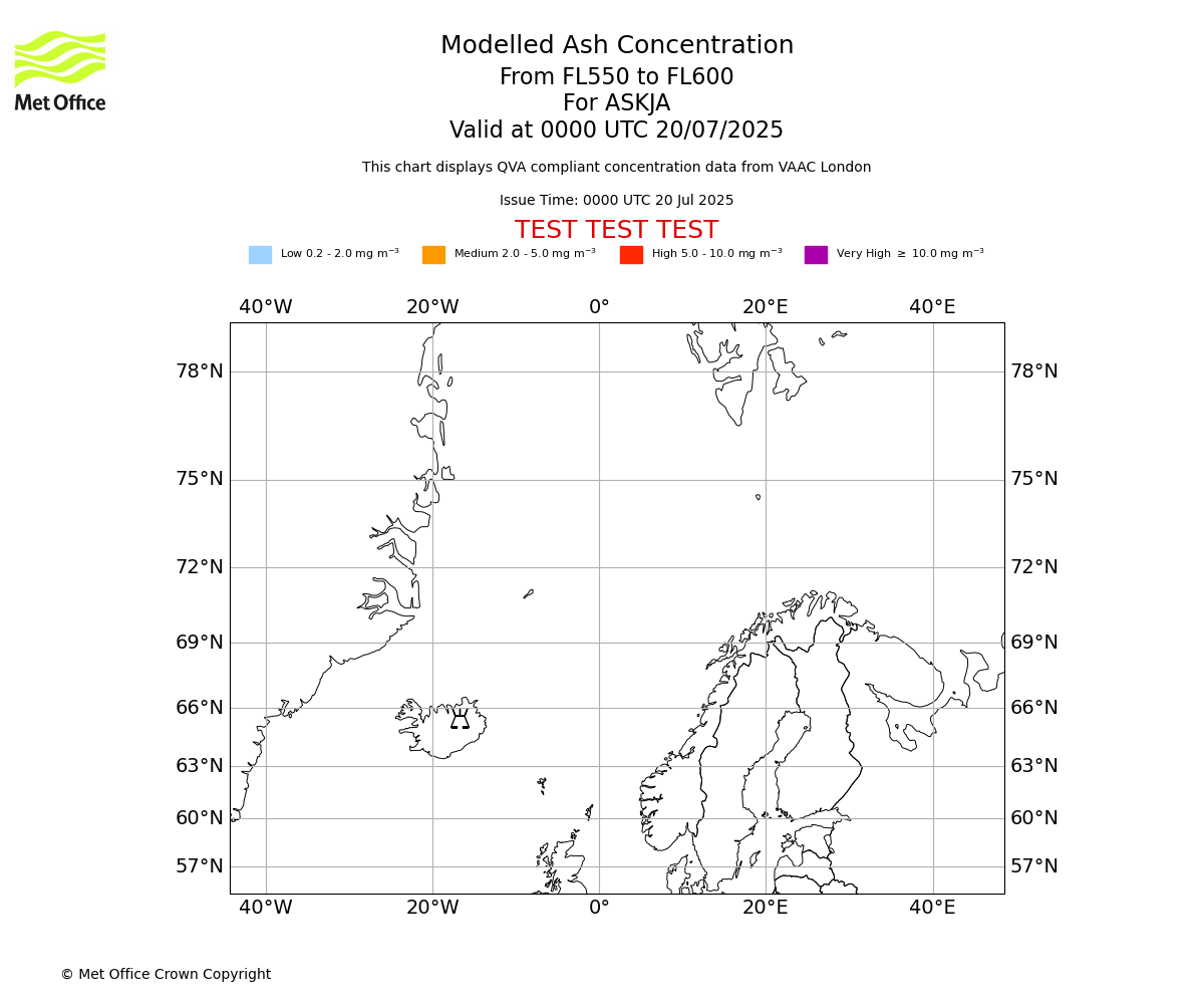 Modelled ash concentration from 550 to 600 for ASKJA. Valid at 0000 UTC 20/07/2025