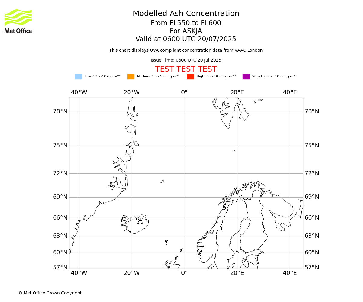 Modelled ash concentration from 550 to 600 for ASKJA. Valid at 0600 UTC 20/07/2025