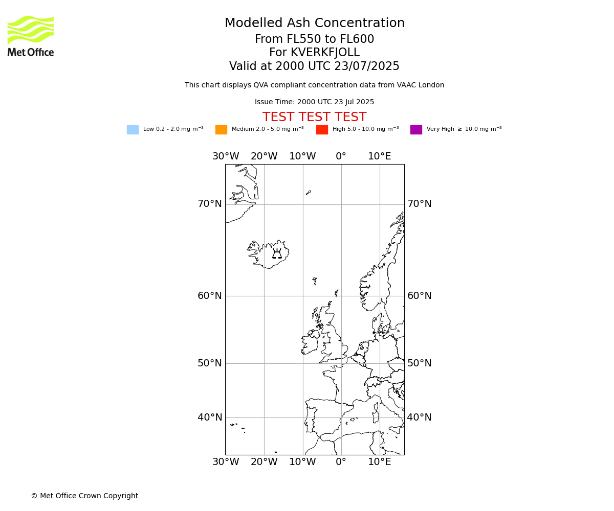 Modelled ash concentration from 550 to 600 for KVERKFJOLL. Valid at 2000 UTC 23/07/2025
