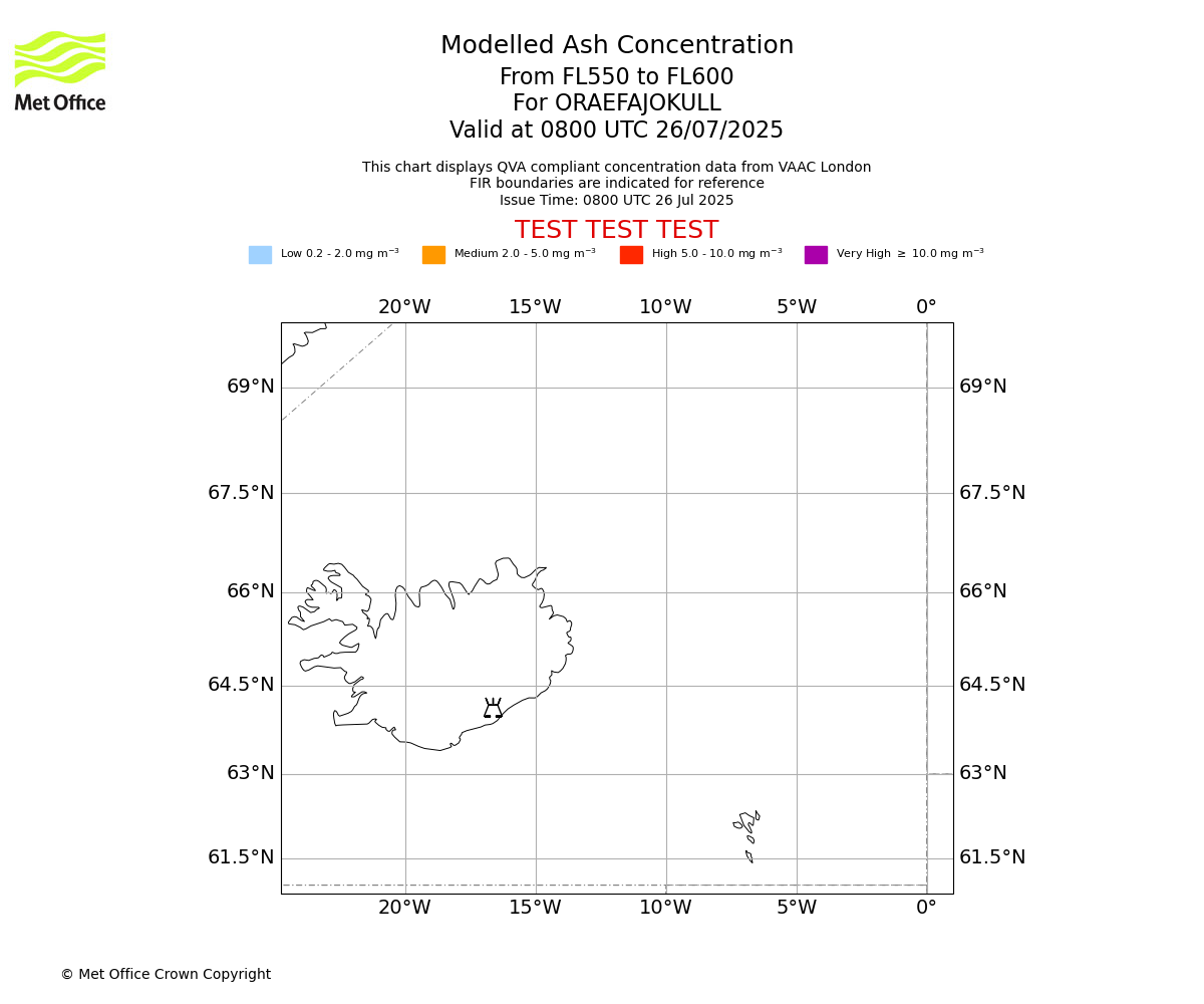 Modelled ash concentration from 550 to 600 for ORAEFAJOKULL. Valid at 0800 UTC 26/07/2025