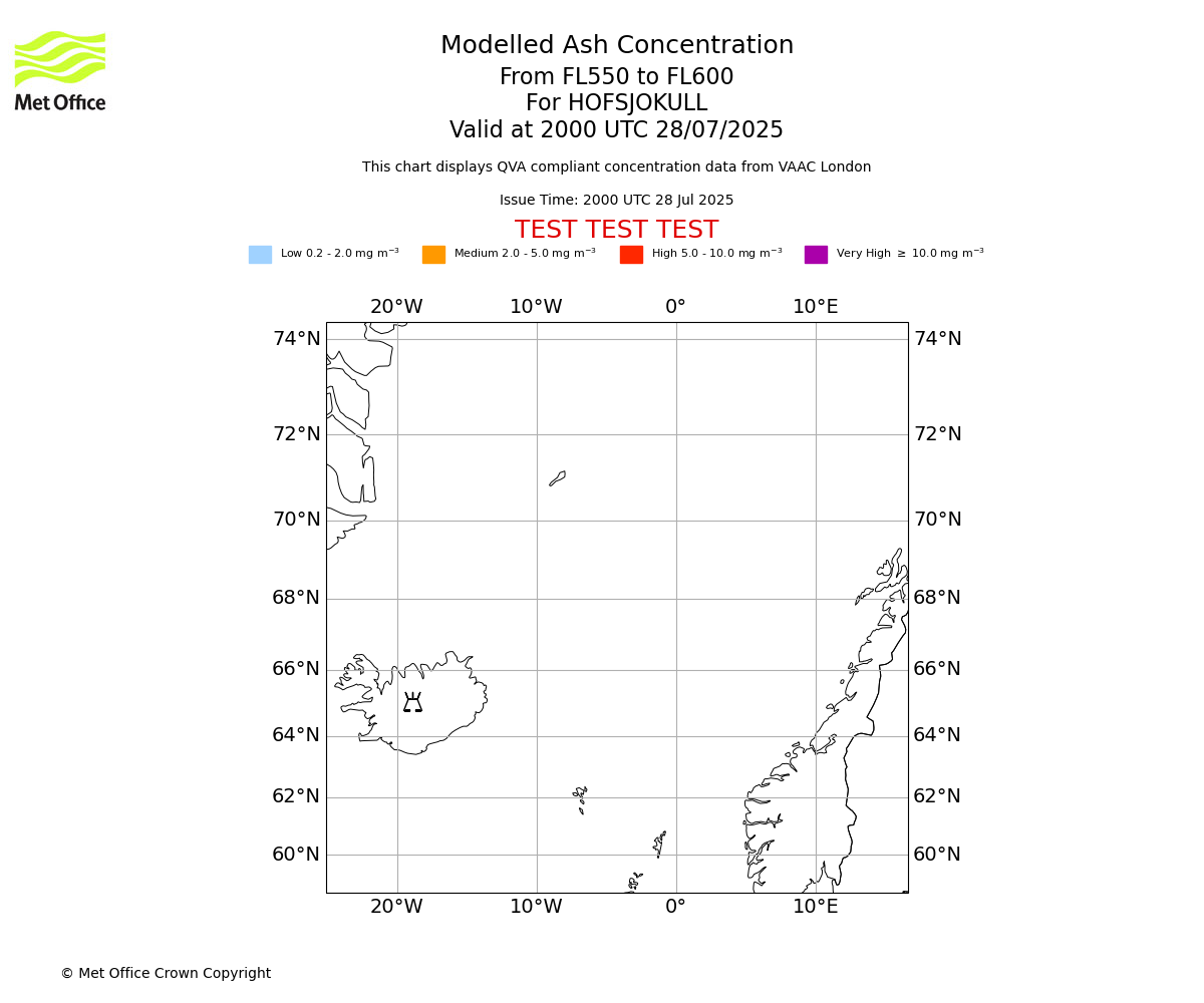 Modelled ash concentration from 550 to 600 for HOFSJOKULL. Valid at 2000 UTC 28/07/2025