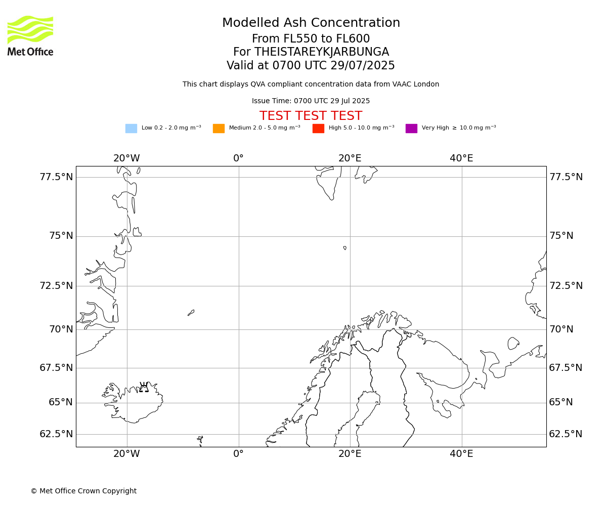 Modelled ash concentration from 550 to 600 for THEISTAREYKJARBUNGA. Valid at 0700 UTC 29/07/2025