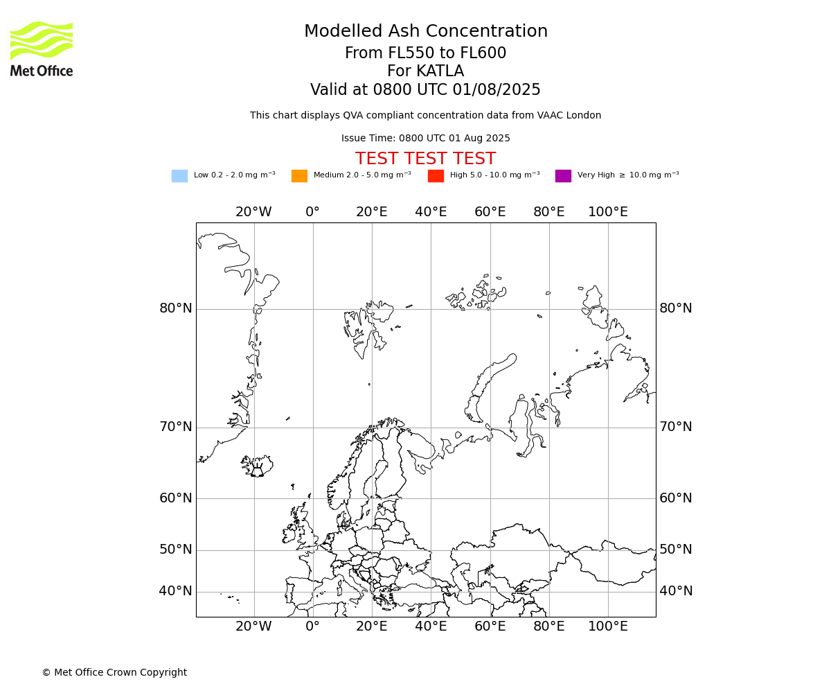 Modelled ash concentration from 550 to 600 for KATLA. Valid at 0800 UTC 01/08/2025
