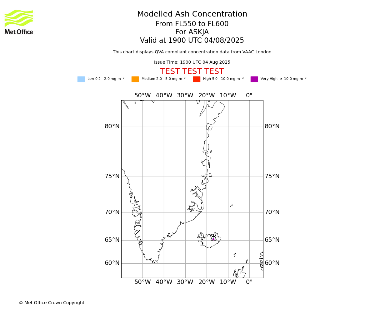 Modelled ash concentration from 550 to 600 for ASKJA. Valid at 1900 UTC 04/08/2025