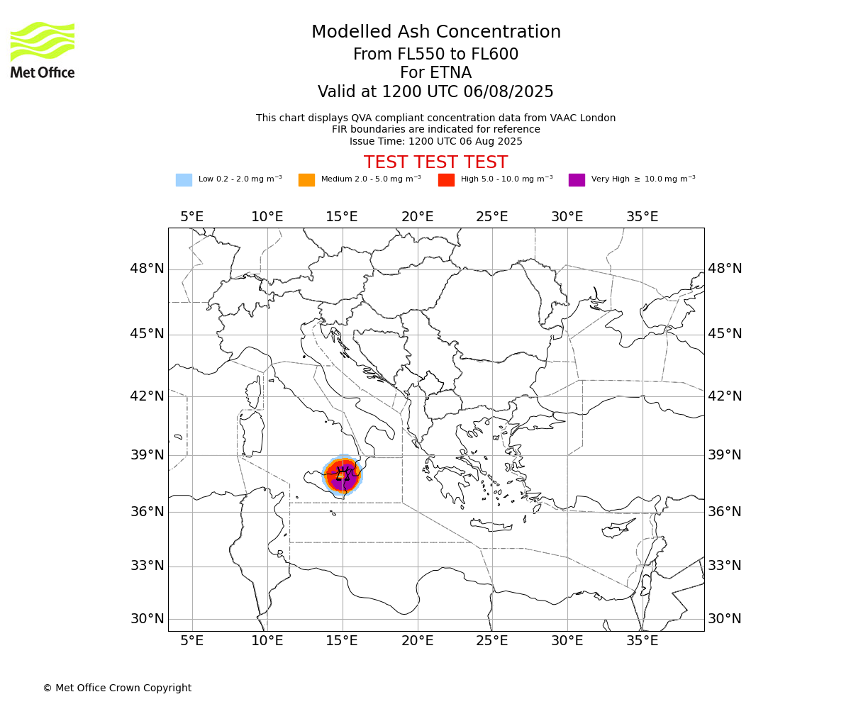 Modelled ash concentration from 550 to 600 for ETNA. Valid at 1200 UTC 06/08/2025