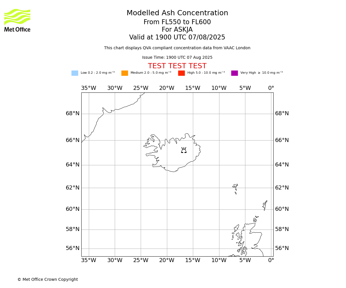 Modelled ash concentration from 550 to 600 for ASKJA. Valid at 1900 UTC 07/08/2025