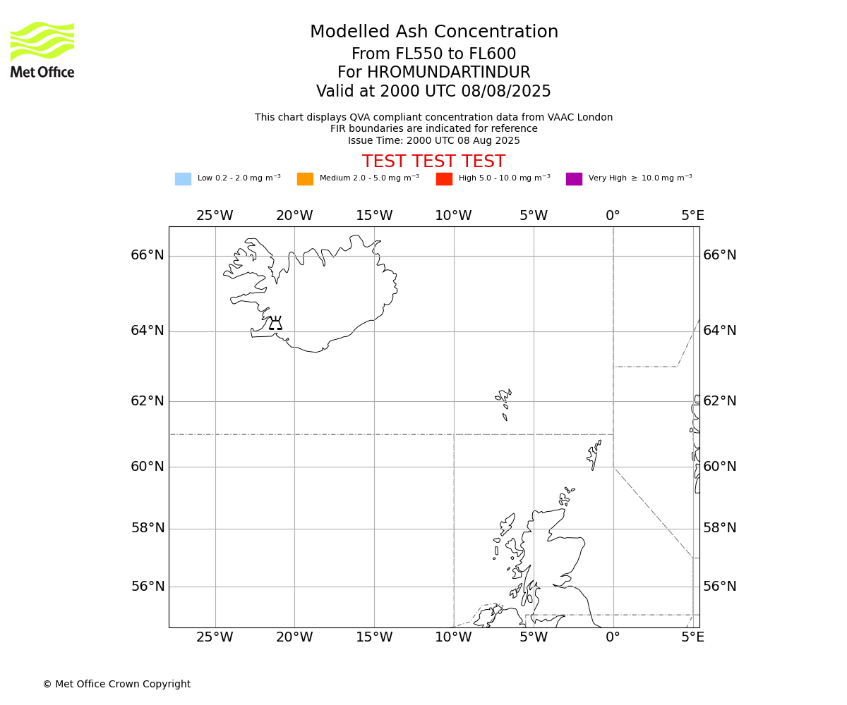 Modelled ash concentration from 550 to 600 for HROMUNDARTINDUR. Valid at 2000 UTC 08/08/2025