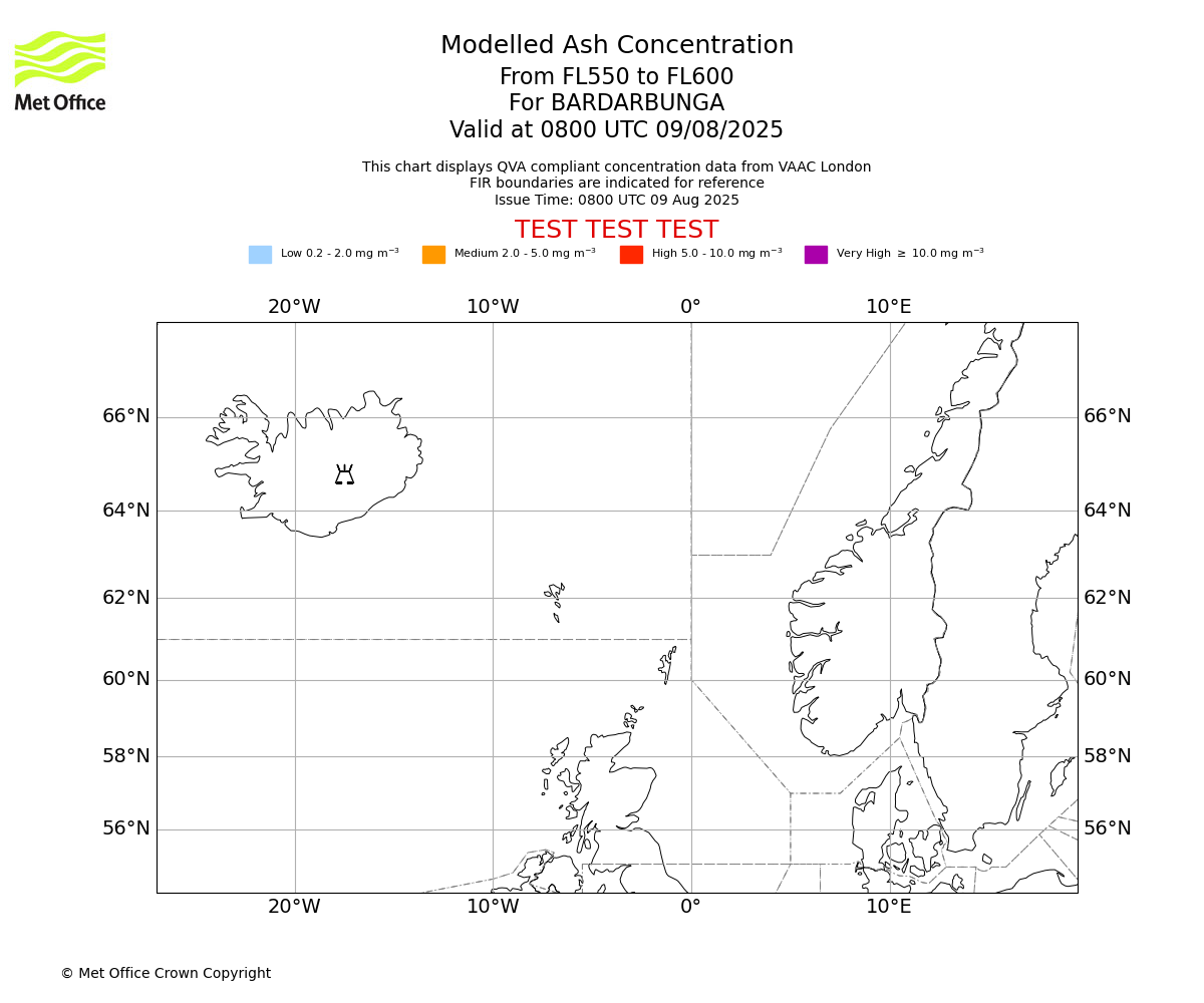Modelled ash concentration from 550 to 600 for BARDARBUNGA. Valid at 0800 UTC 09/08/2025