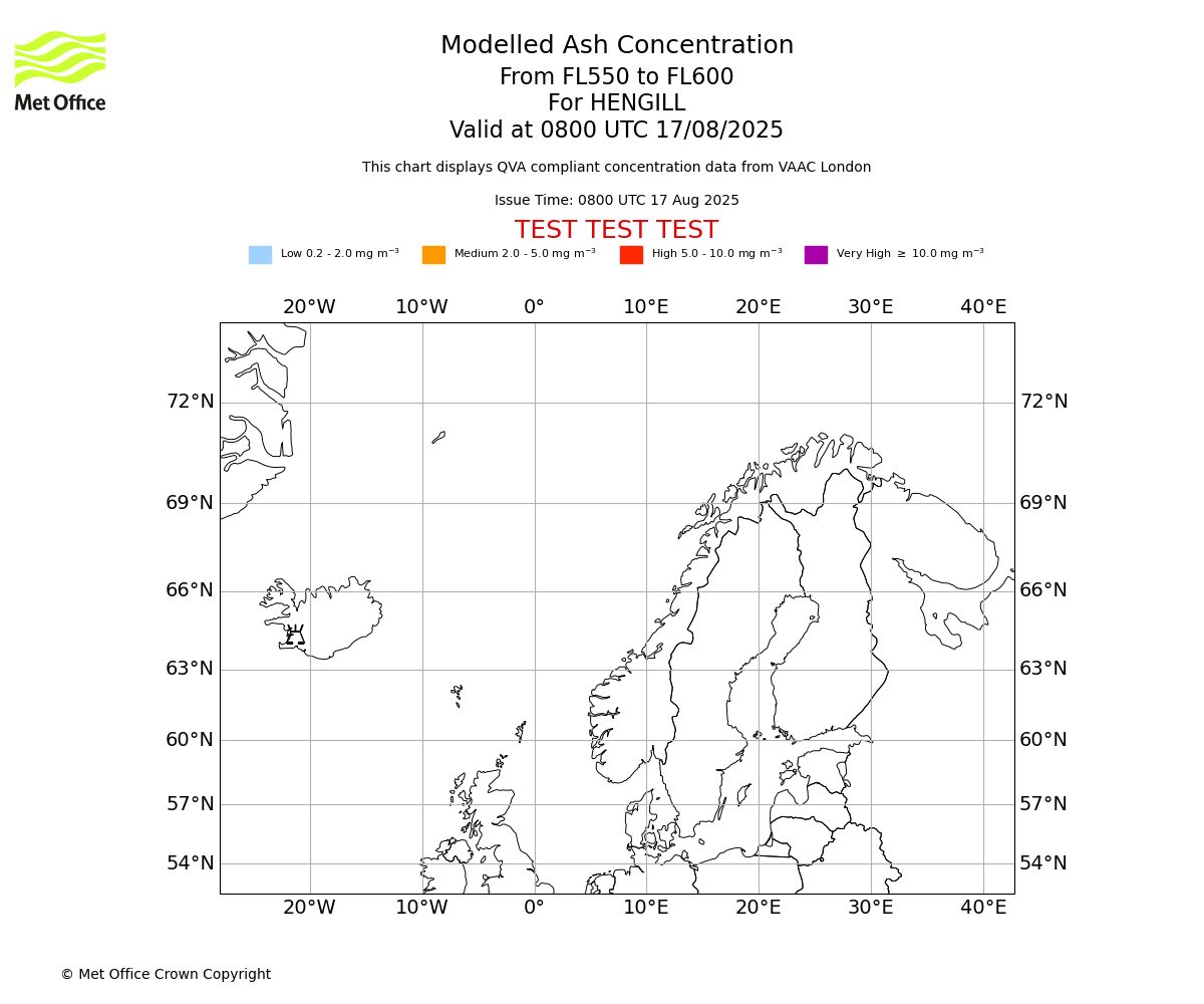 Modelled ash concentration from 550 to 600 for HENGILL. Valid at 0800 UTC 17/08/2025