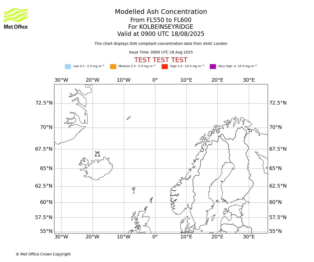 Modelled ash concentration from 550 to 600 for KOLBEINSEYRIDGE. Valid at 0900 UTC 18/08/2025