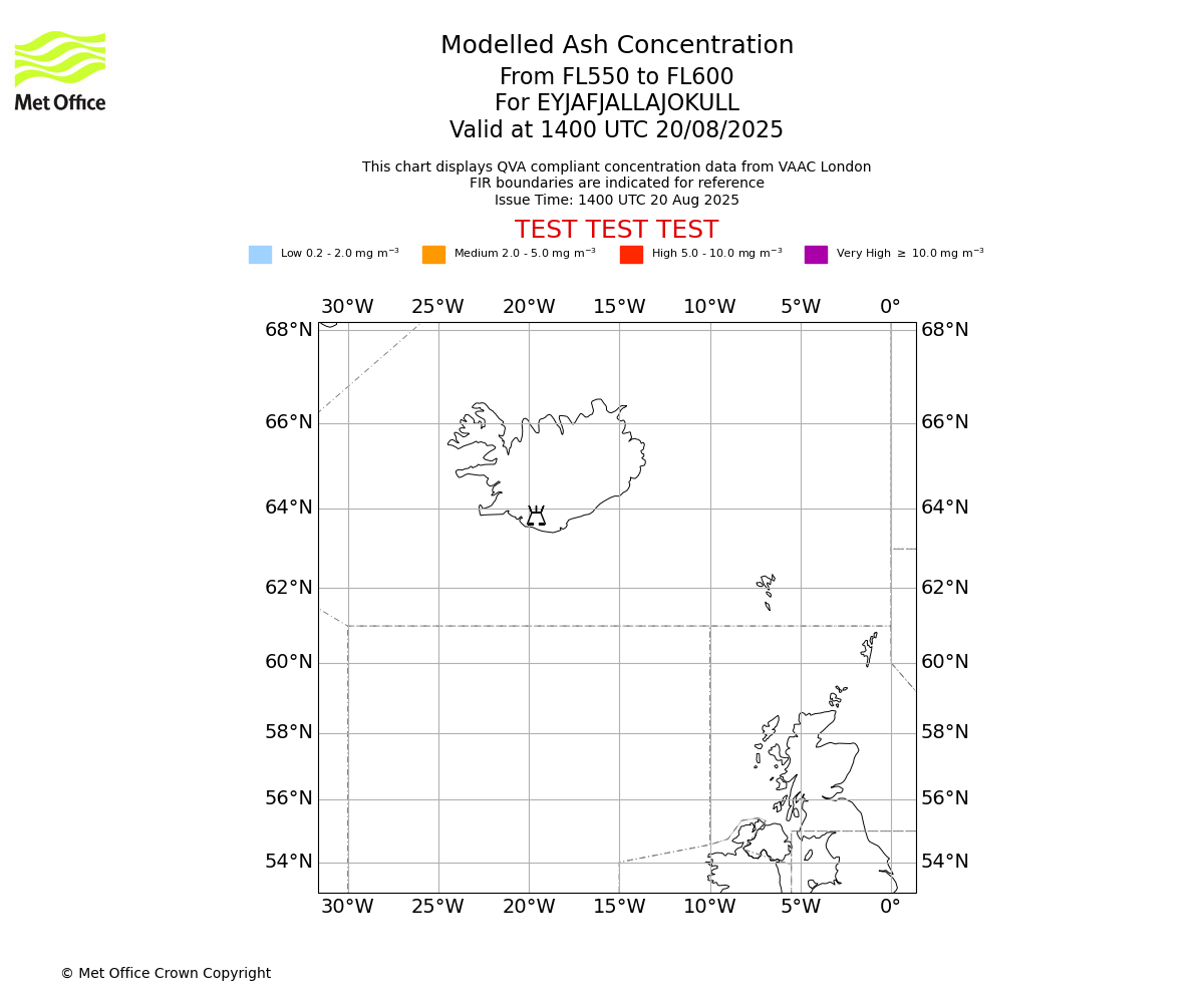 Modelled ash concentration from 550 to 600 for EYJAFJALLAJOKULL. Valid at 1400 UTC 20/08/2025
