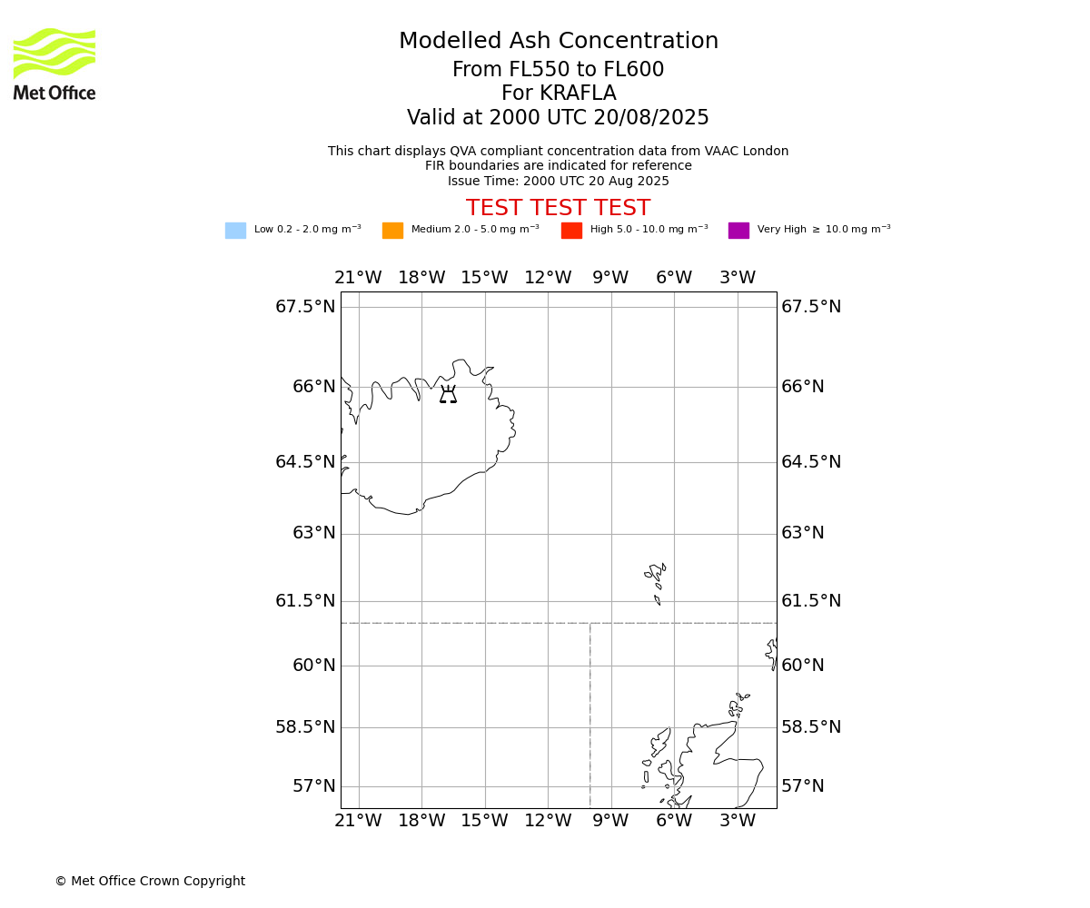 Modelled ash concentration from 550 to 600 for KRAFLA. Valid at 2000 UTC 20/08/2025