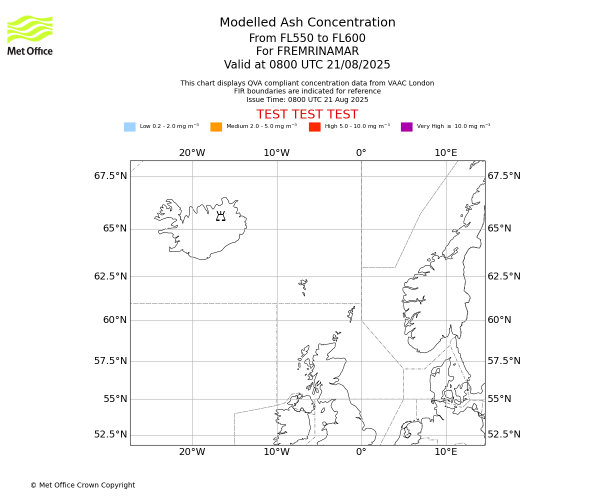 Modelled ash concentration from 550 to 600 for FREMRINAMAR. Valid at 0800 UTC 21/08/2025