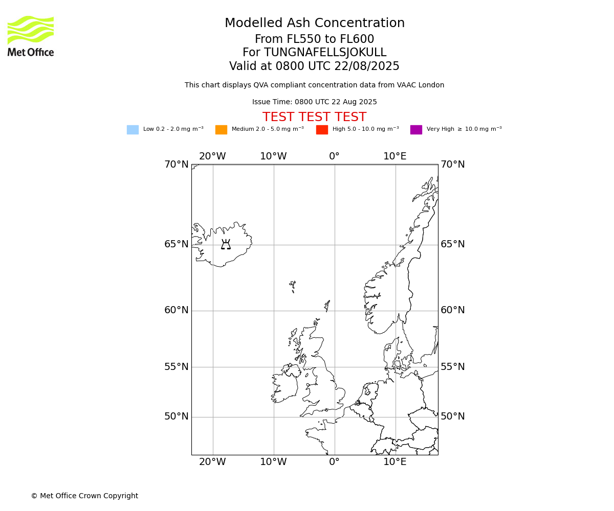 Modelled ash concentration from 550 to 600 for TUNGNAFELLSJOKULL. Valid at 0800 UTC 22/08/2025