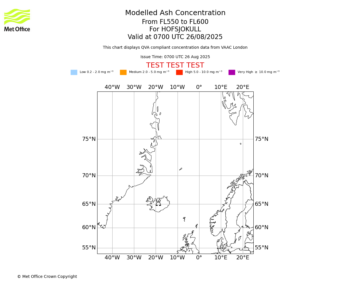 Modelled ash concentration from 550 to 600 for HOFSJOKULL. Valid at 0700 UTC 26/08/2025