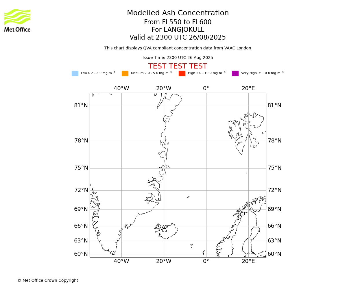 Modelled ash concentration from 550 to 600 for LANGJOKULL. Valid at 2300 UTC 26/08/2025