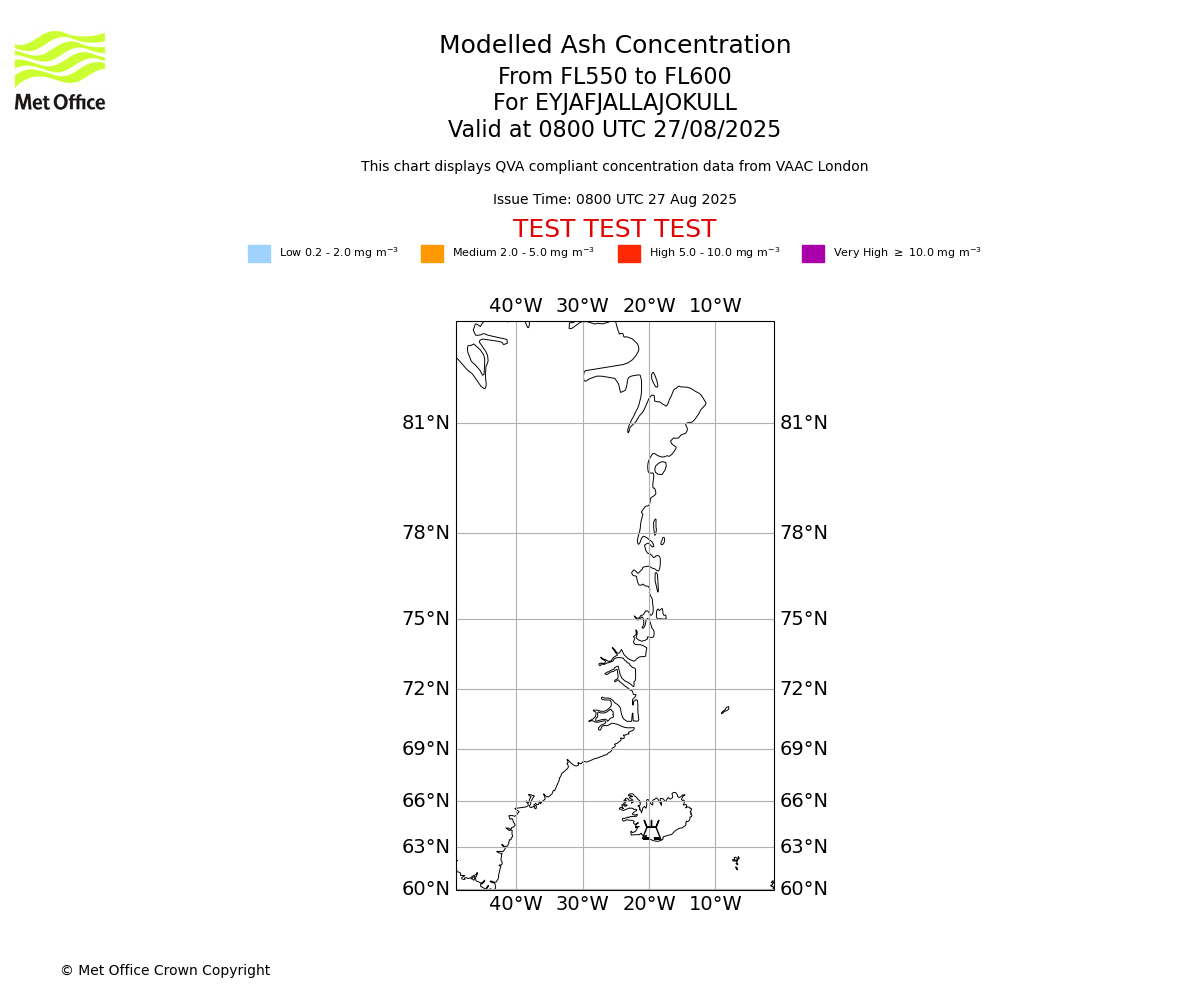 Modelled ash concentration from 550 to 600 for EYJAFJALLAJOKULL. Valid at 0800 UTC 27/08/2025
