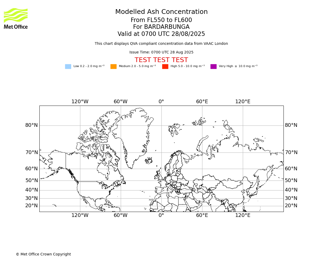 Modelled ash concentration from 550 to 600 for BARDARBUNGA. Valid at 0700 UTC 28/08/2025