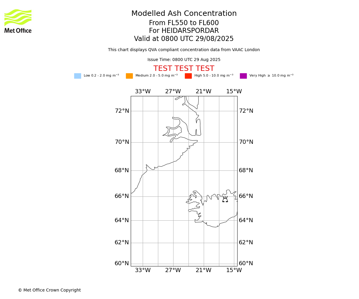 Modelled ash concentration from 550 to 600 for HEIDARSPORDAR. Valid at 0800 UTC 29/08/2025