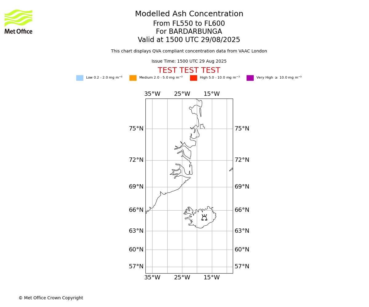 Modelled ash concentration from 550 to 600 for BARDARBUNGA. Valid at 1500 UTC 29/08/2025