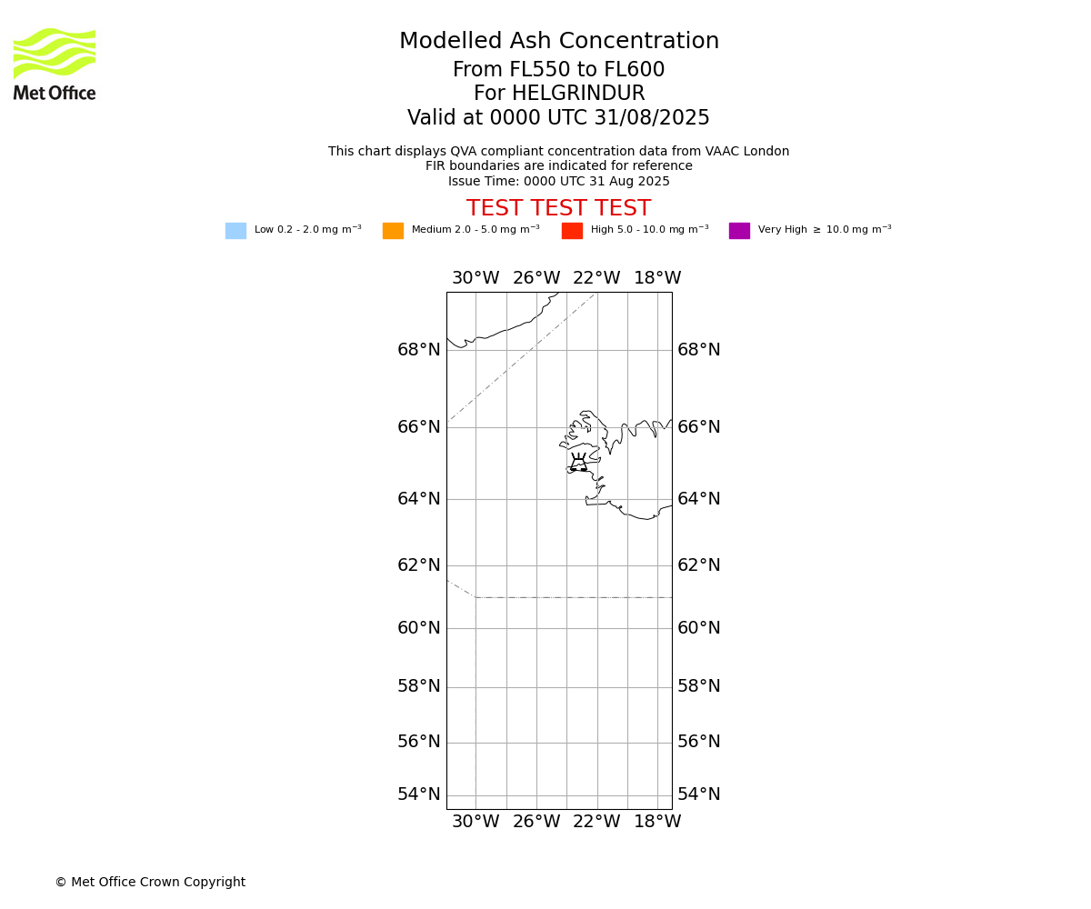 Modelled ash concentration from 550 to 600 for HELGRINDUR. Valid at 0000 UTC 31/08/2025