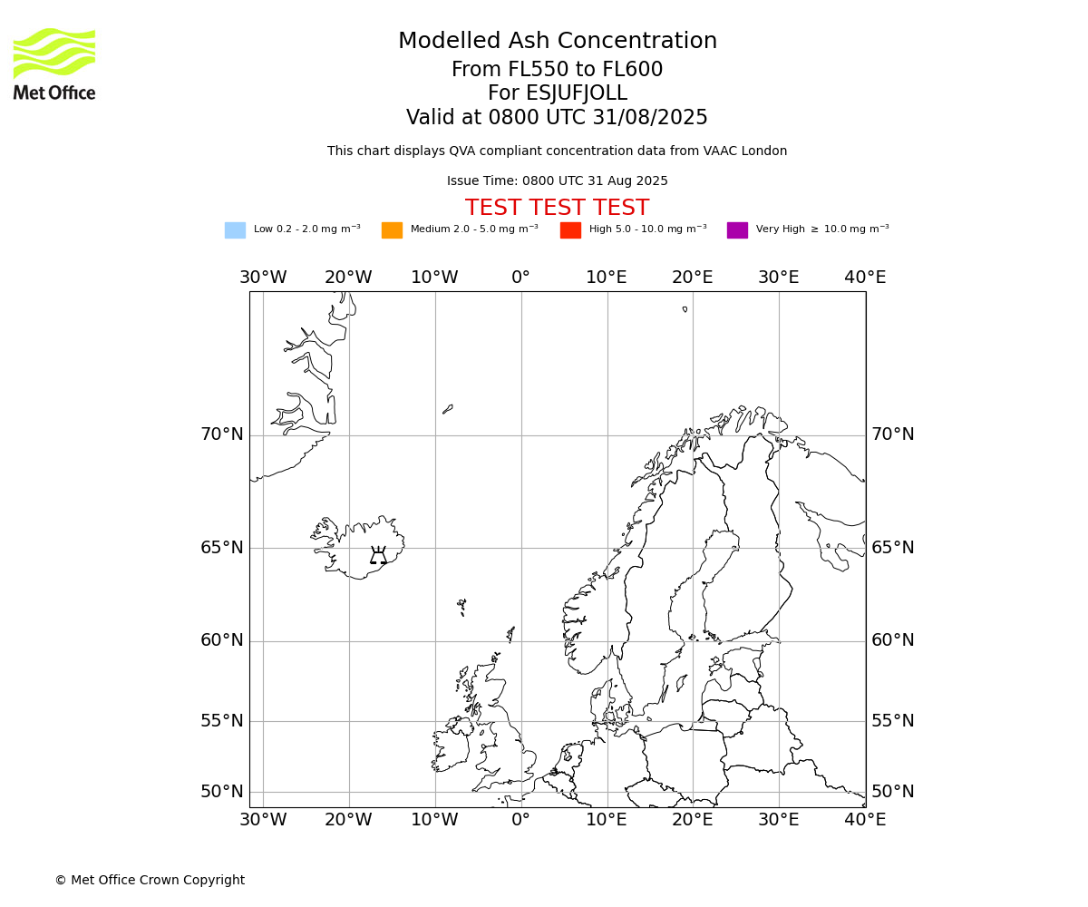 Modelled ash concentration from 550 to 600 for ESJUFJOLL. Valid at 0800 UTC 31/08/2025