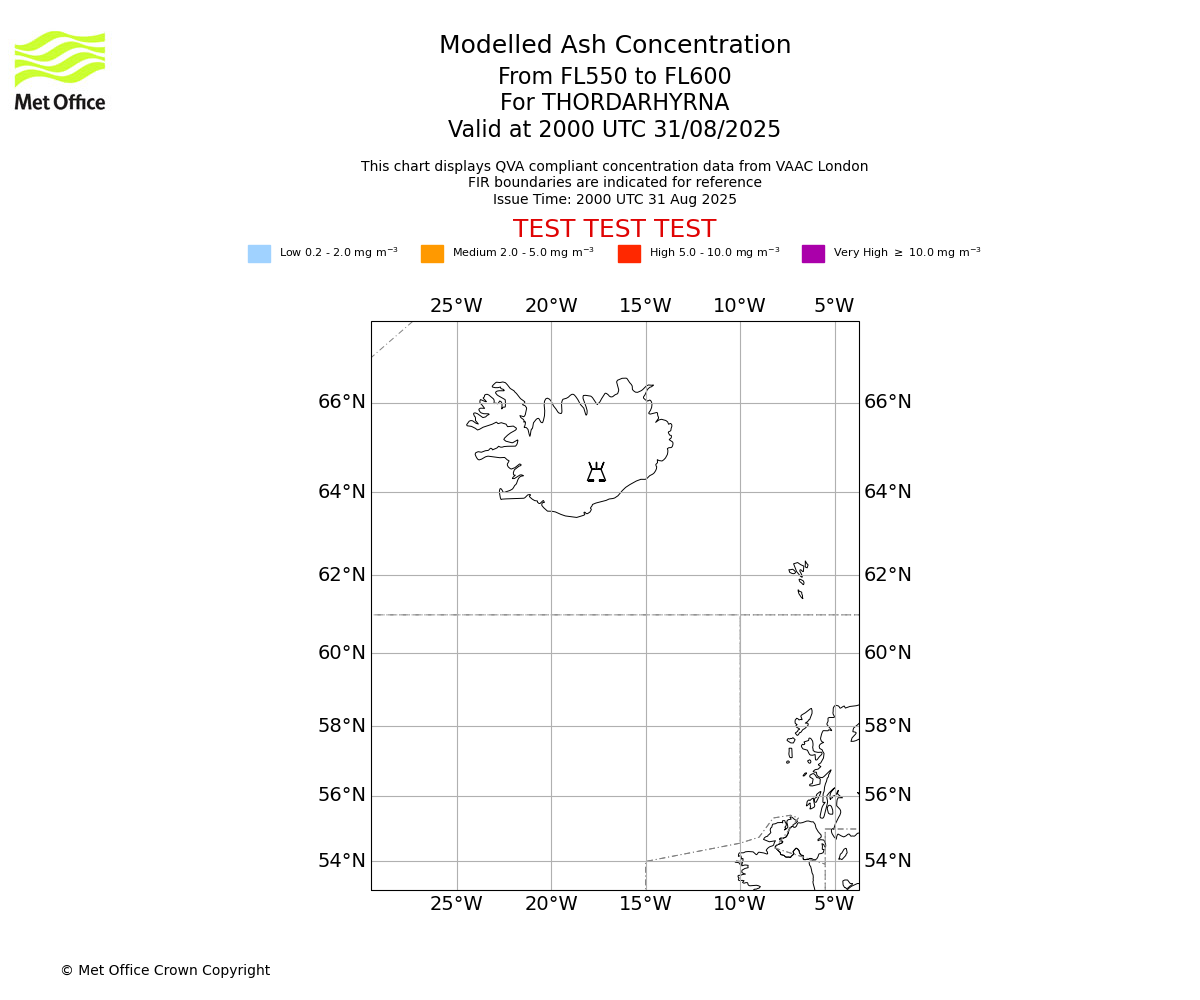 Modelled ash concentration from 550 to 600 for THORDARHYRNA. Valid at 2000 UTC 31/08/2025