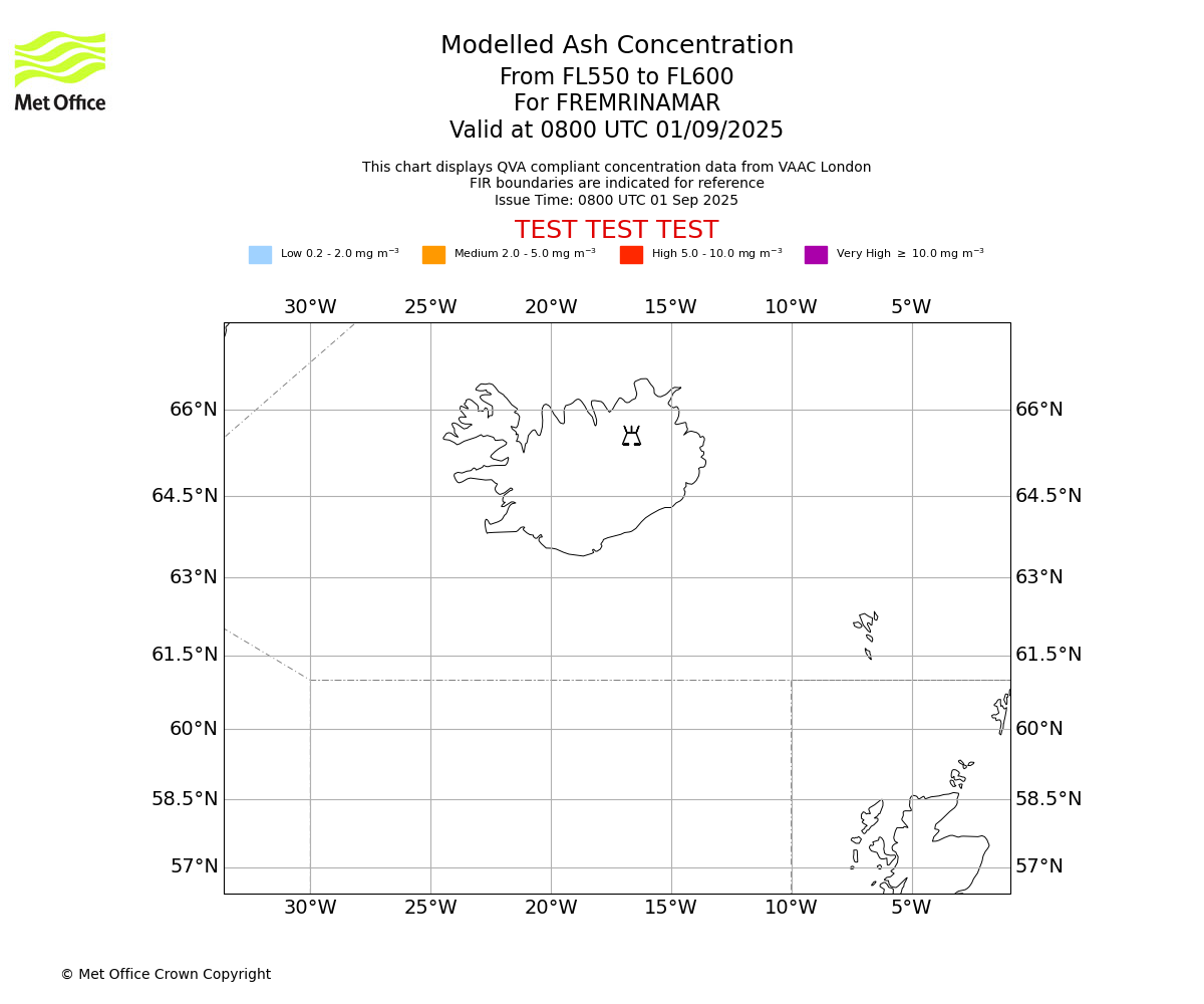 Modelled ash concentration from 550 to 600 for FREMRINAMAR. Valid at 0800 UTC 01/09/2025
