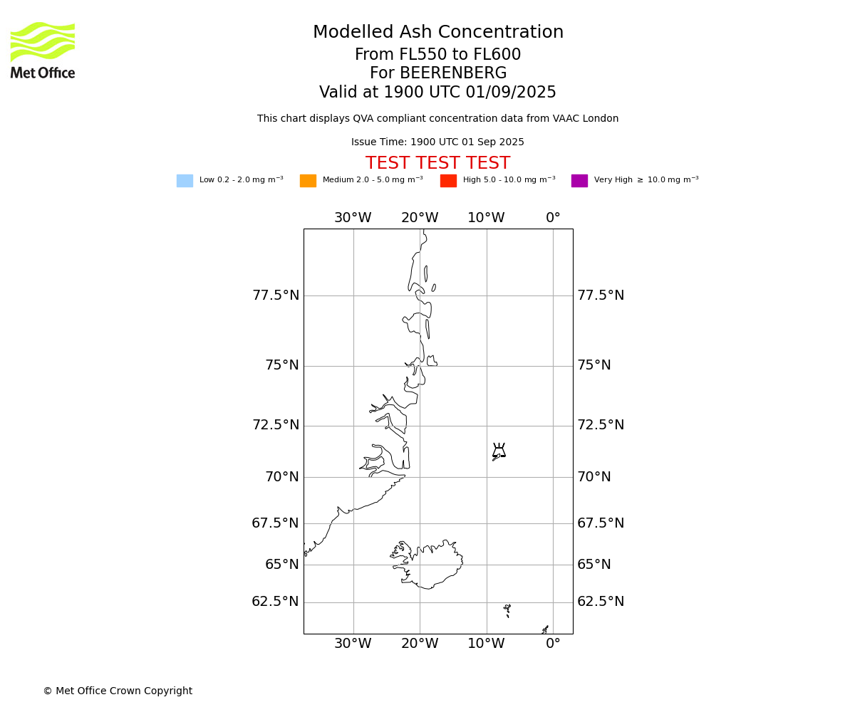 Modelled ash concentration from 550 to 600 for BEERENBERG. Valid at 1900 UTC 01/09/2025