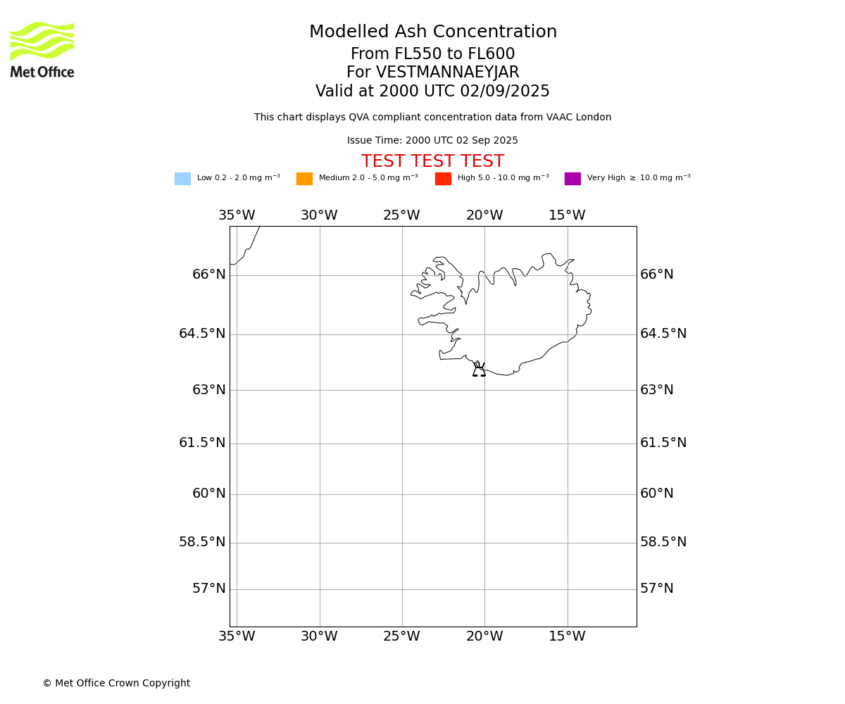 Modelled ash concentration from 550 to 600 for VESTMANNAEYJAR. Valid at 2000 UTC 02/09/2025