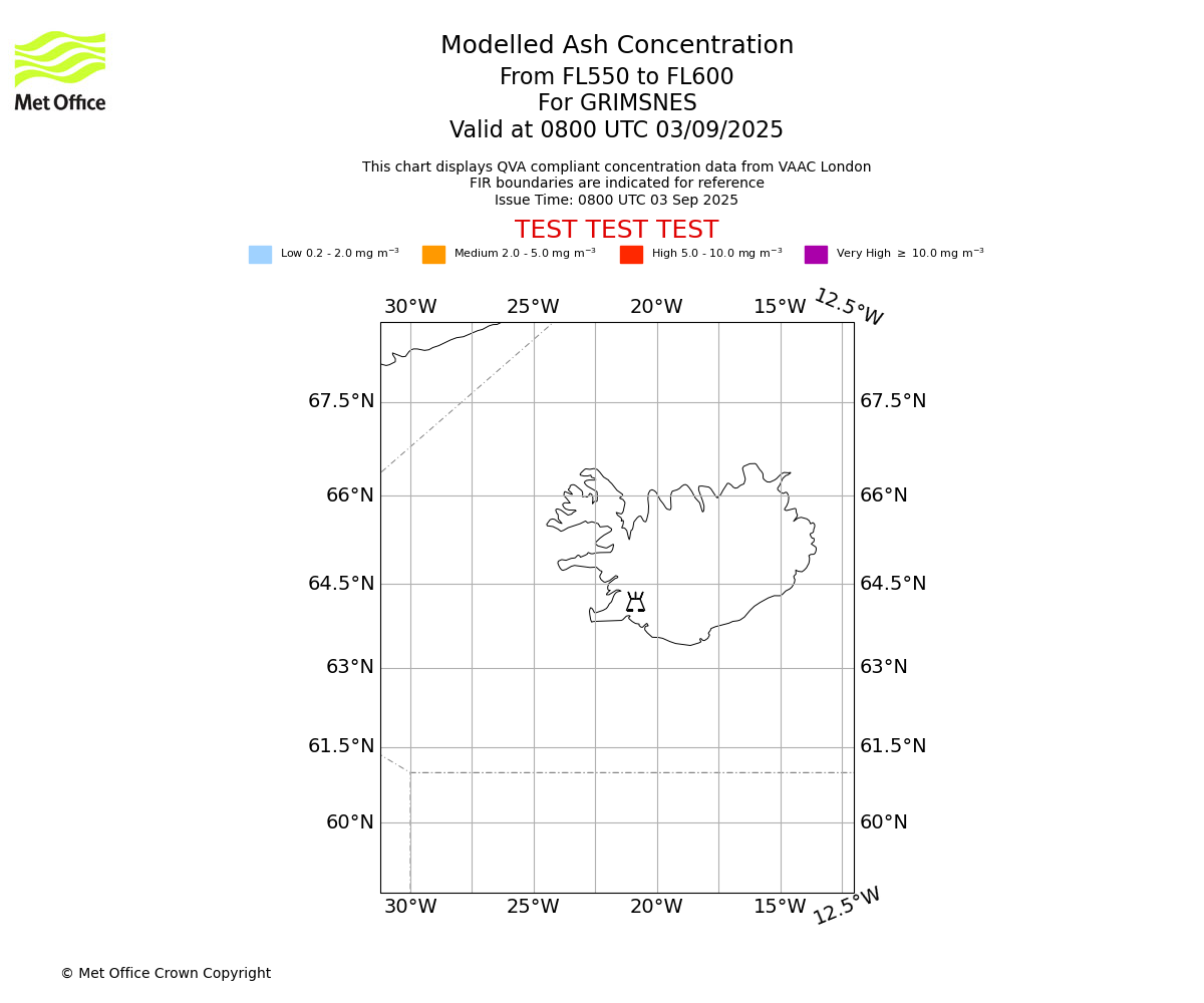 Modelled ash concentration from 550 to 600 for GRIMSNES. Valid at 0800 UTC 03/09/2025