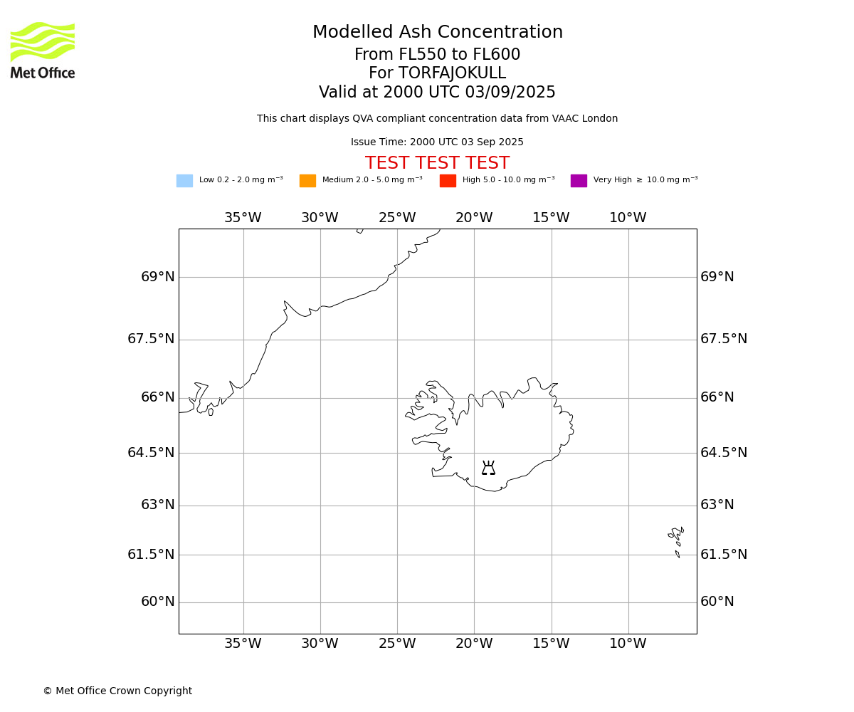 Modelled ash concentration from 550 to 600 for TORFAJOKULL. Valid at 2000 UTC 03/09/2025