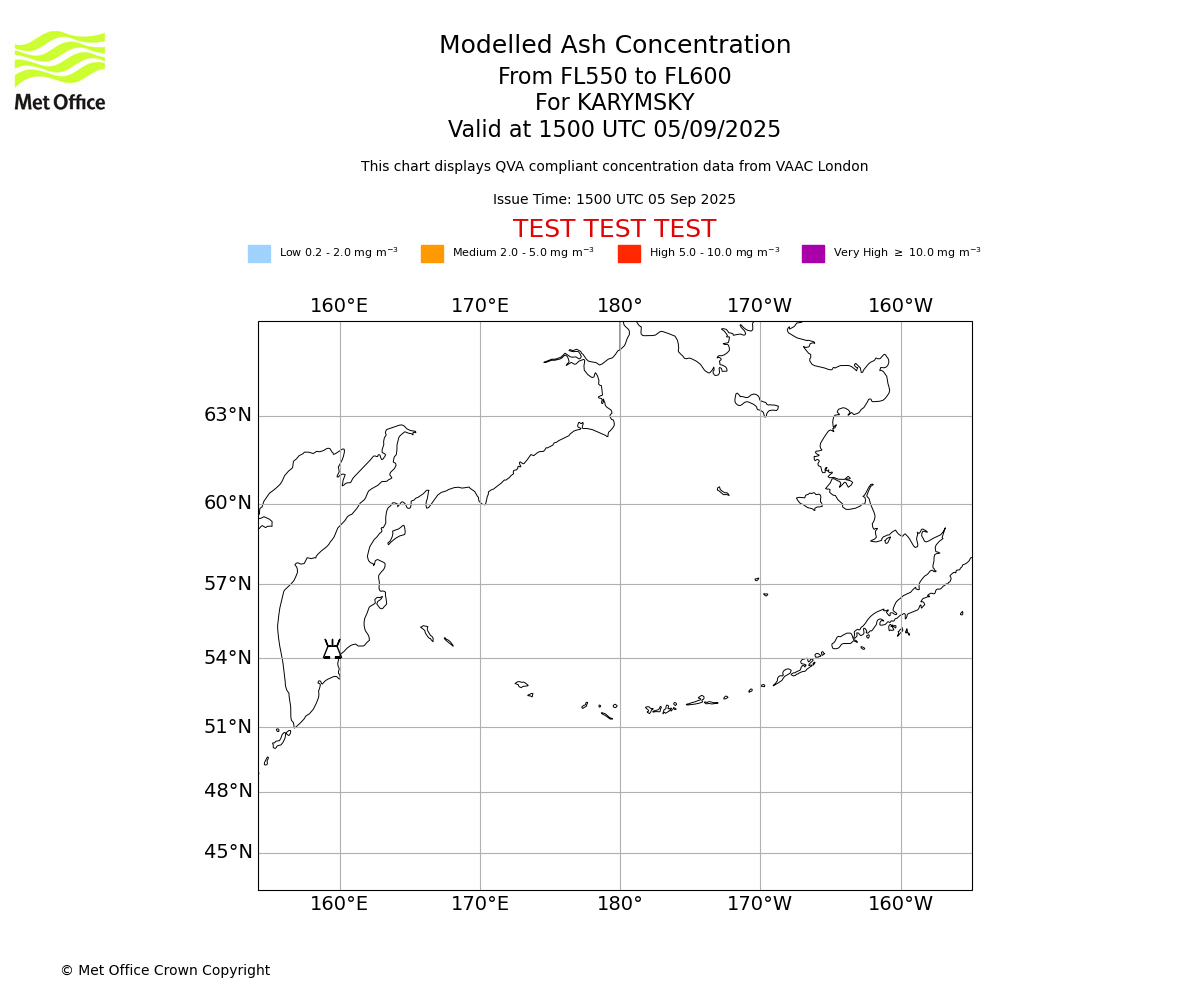 Modelled ash concentration from 550 to 600 for KARYMSKY. Valid at 1500 UTC 05/09/2025