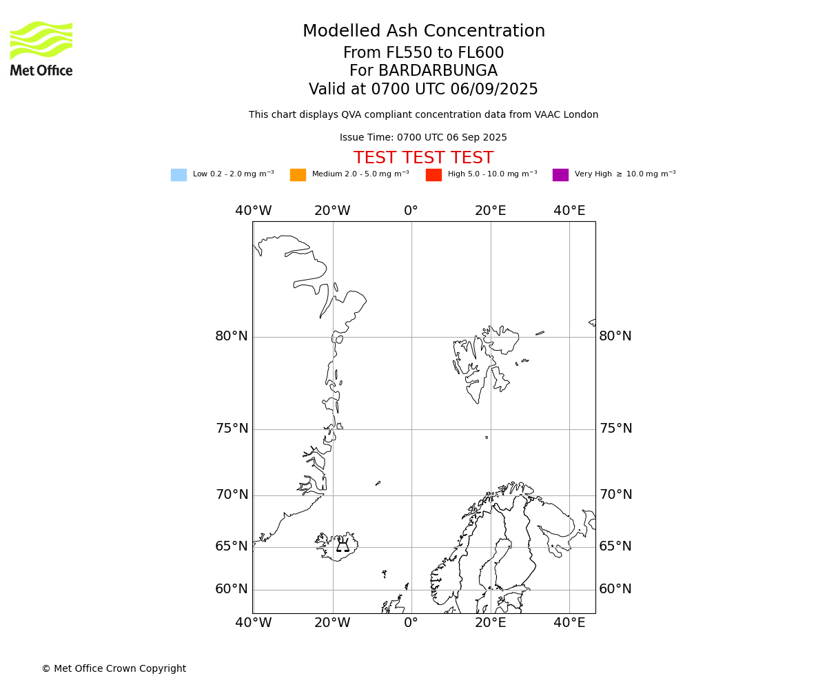 Modelled ash concentration from 550 to 600 for BARDARBUNGA. Valid at 0700 UTC 06/09/2025