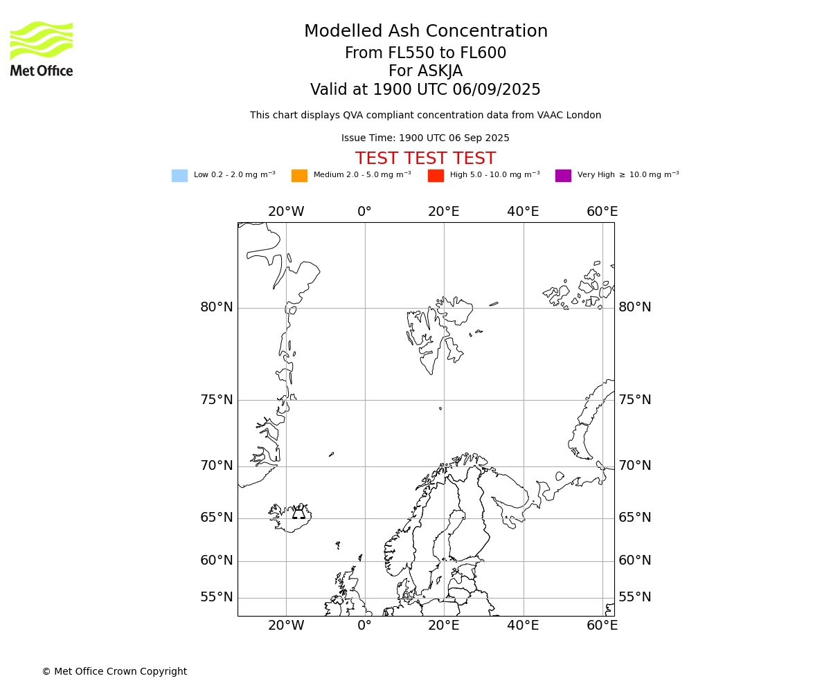 Modelled ash concentration from 550 to 600 for ASKJA. Valid at 1900 UTC 06/09/2025