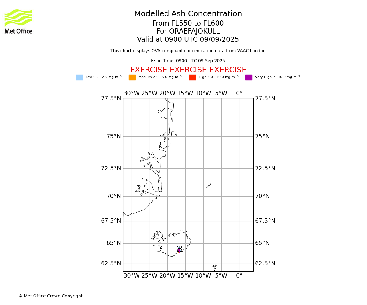 Modelled ash concentration from 550 to 600 for ORAEFAJOKULL. Valid at 0900 UTC 09/09/2025