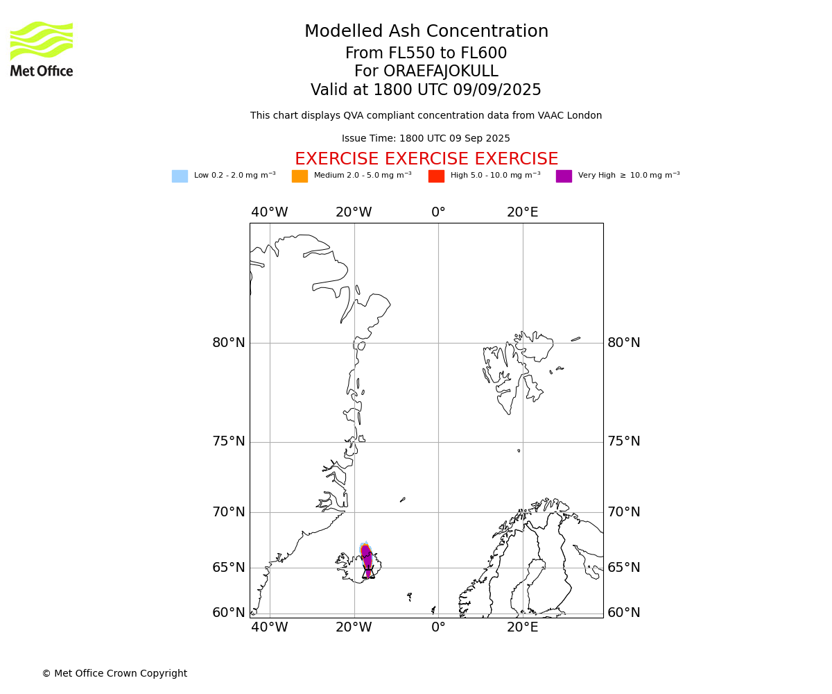 Modelled ash concentration from 550 to 600 for ORAEFAJOKULL. Valid at 1800 UTC 09/09/2025