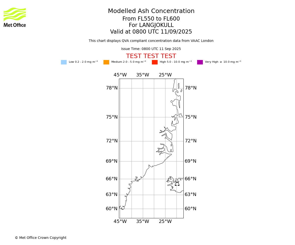 Modelled ash concentration from 550 to 600 for LANGJOKULL. Valid at 0800 UTC 11/09/2025