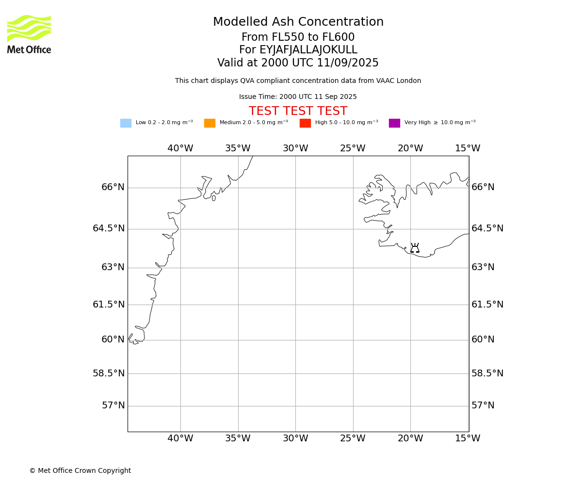 Modelled ash concentration from 550 to 600 for EYJAFJALLAJOKULL. Valid at 2000 UTC 11/09/2025