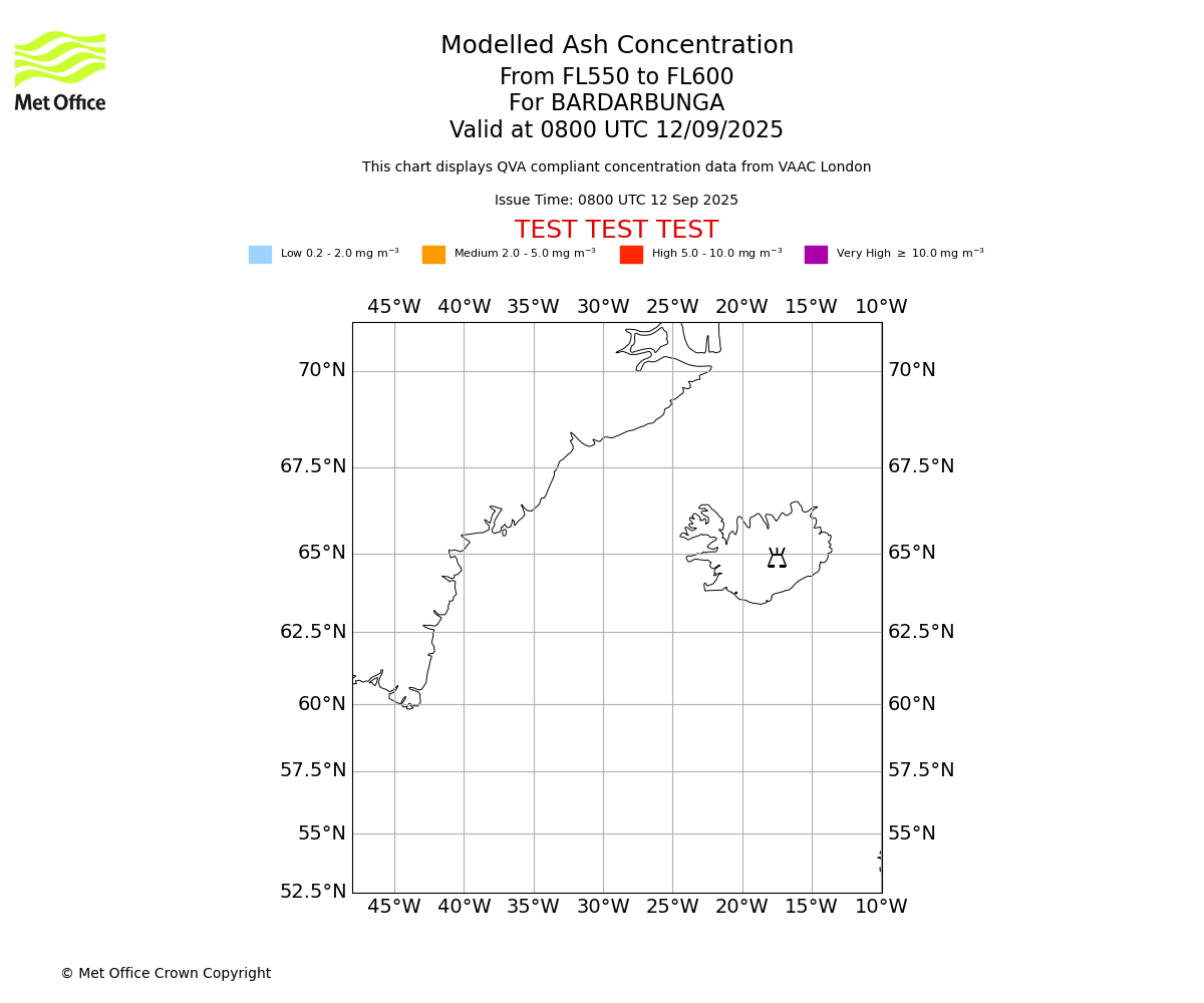 Modelled ash concentration from 550 to 600 for BARDARBUNGA. Valid at 0800 UTC 12/09/2025