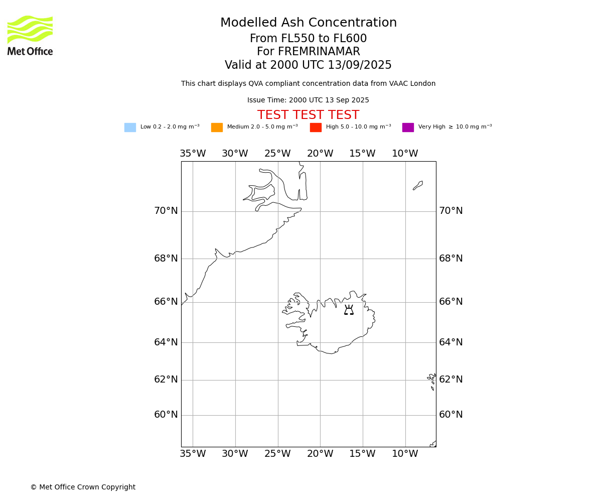 Modelled ash concentration from 550 to 600 for FREMRINAMAR. Valid at 2000 UTC 13/09/2025