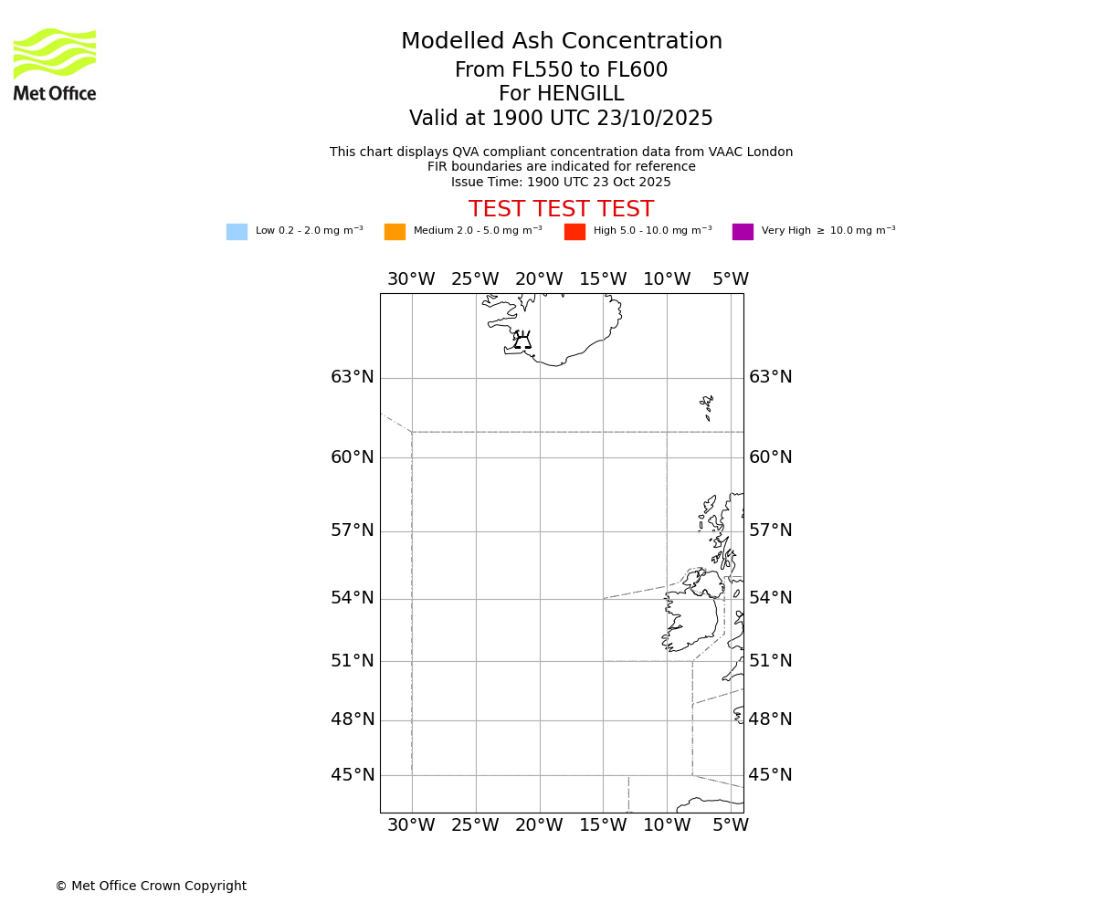 Modelled ash concentration from 550 to 600 for HENGILL. Valid at 1900 UTC 23/10/2025