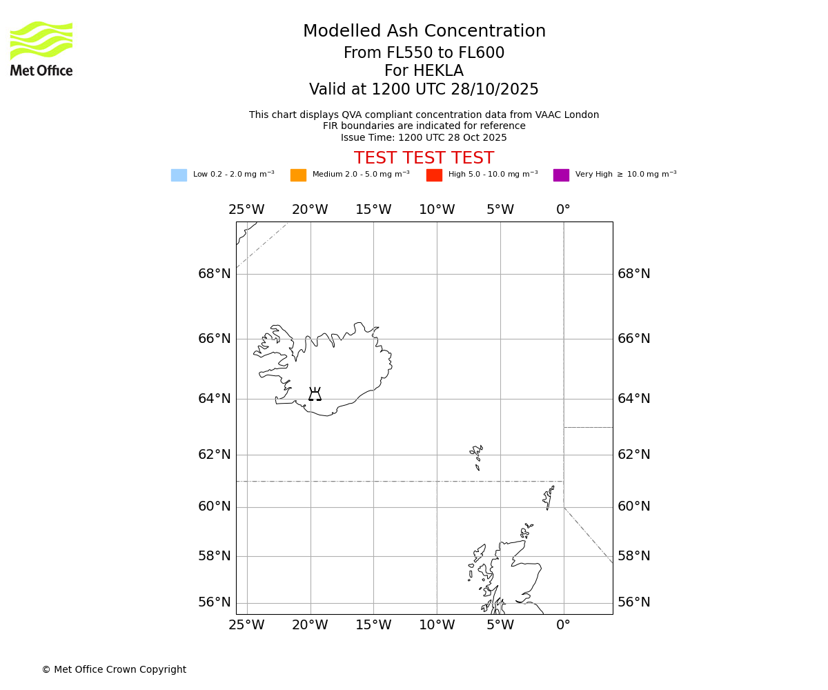 Modelled ash concentration from 550 to 600 for HEKLA. Valid at 1200 UTC 28/10/2025