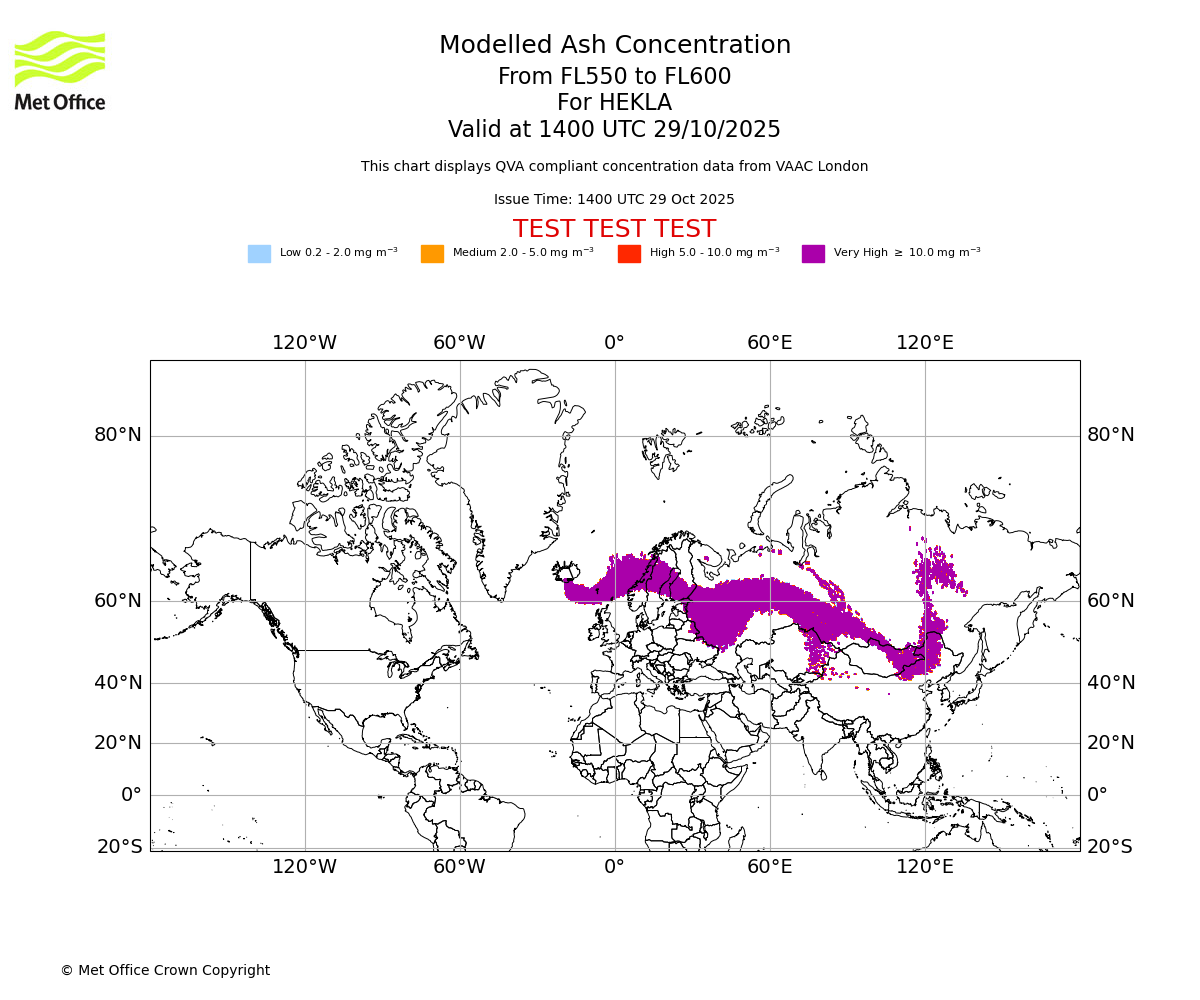 Modelled ash concentration from 550 to 600 for HEKLA. Valid at 1400 UTC 29/10/2025