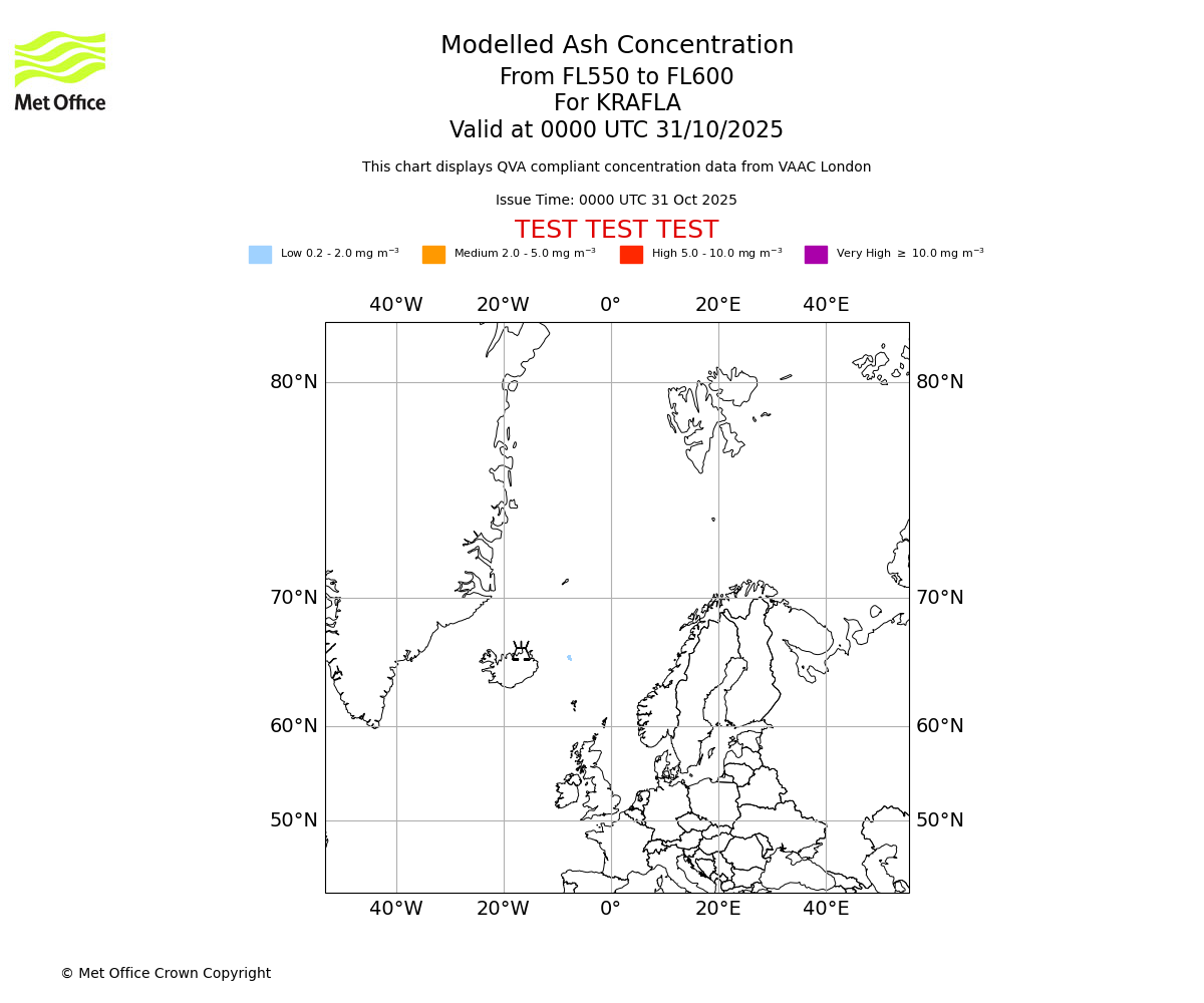 Modelled ash concentration from 550 to 600 for KRAFLA. Valid at 0000 UTC 31/10/2025