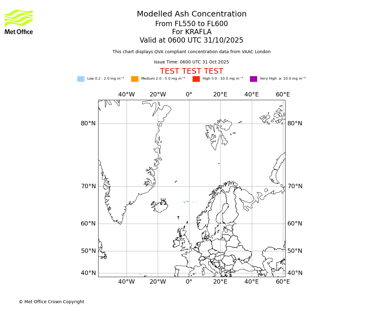 Modelled ash concentration from 550 to 600 for KRAFLA. Valid at 0600 UTC 31/10/2025