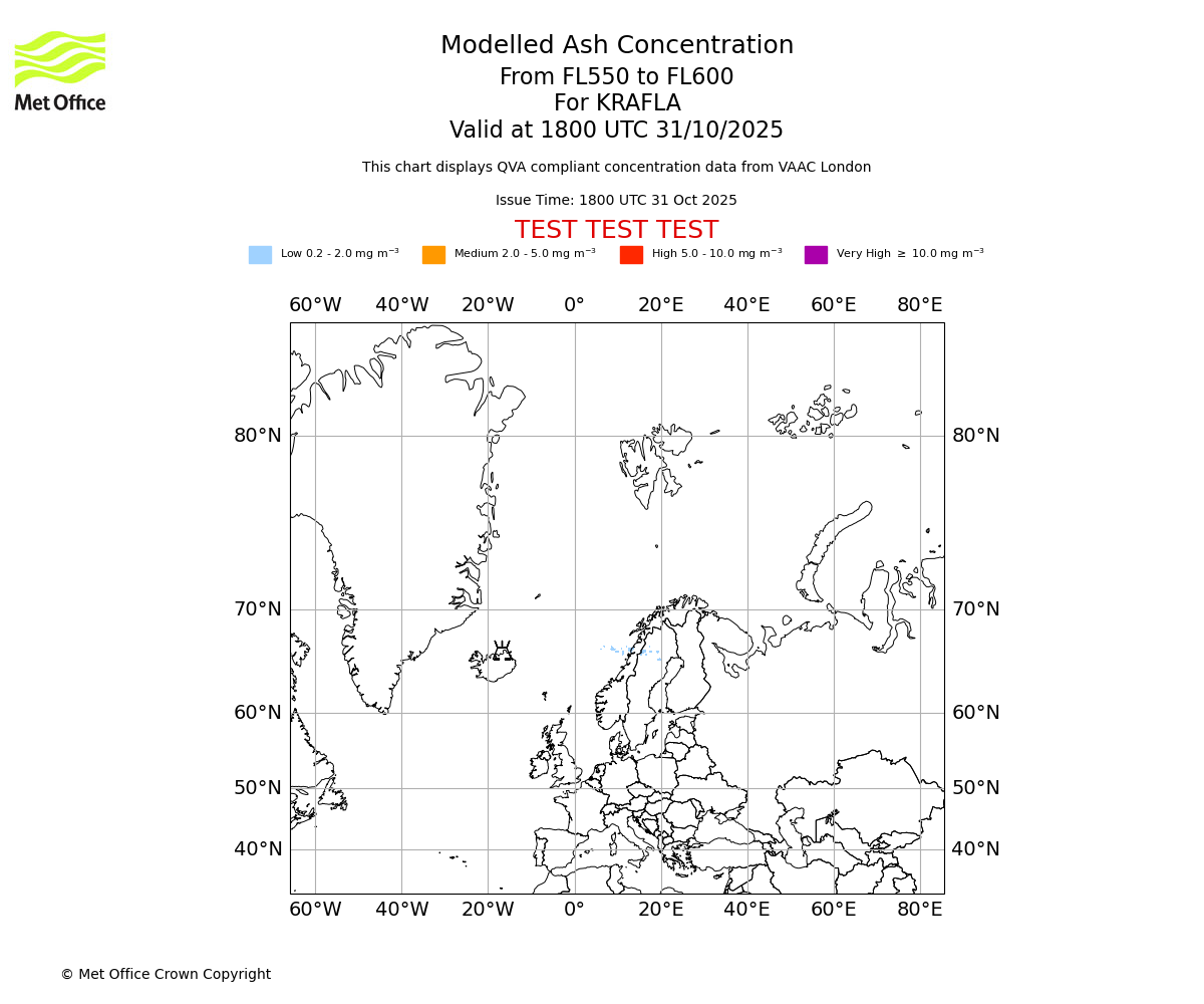 Modelled ash concentration from 550 to 600 for KRAFLA. Valid at 1800 UTC 31/10/2025
